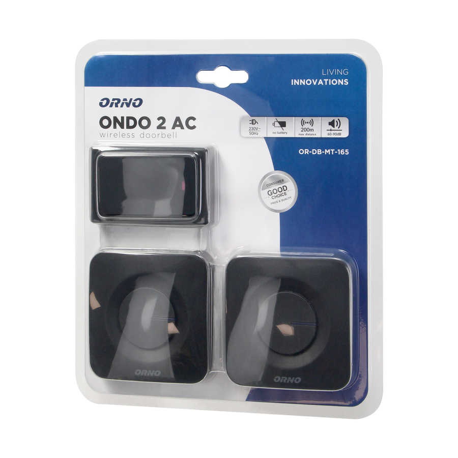 ONDO 2 AC, set of 2 wireless mains-powered doorbells with battery-free button, learning system, 36 sounds, 200m, black